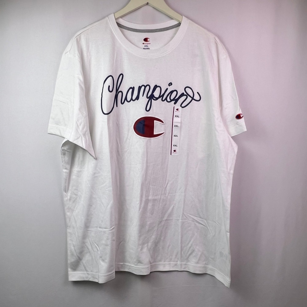 Champion Graphic Tee Stark White Script Logo Men's XXL Unisex Cotton Blend